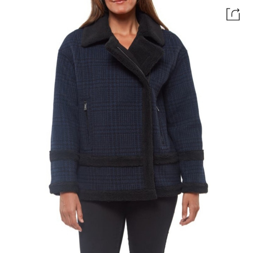 Sanctuary black and blue plaid pattern faux fur and wool coat